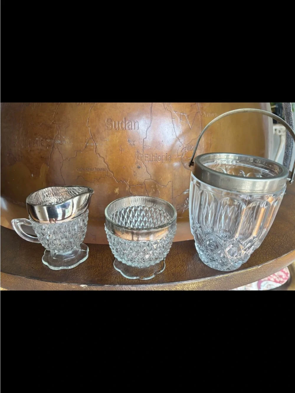 Vintage Cut Glass Ice Bucket, Creamer and Sugar Set with Silver Trim